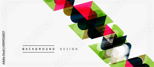 Abstract geometric shapes overlap, creating vibrant diagonal pattern. Modern design utilizes bright colors, simple forms.