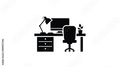 a simple desk setup with a computer lamp chair and small plant silhouette