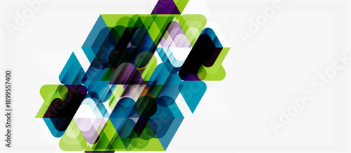 Abstract geometric shapes overlap, creating vibrant color composition. Greens, blues, purples dominate design. Modern aesthetic.