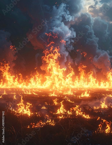 Burning field of grass with heavy smoke, dark sky, and glowing flames
