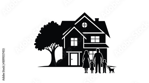 a black and white silhouette of a house family and a tree