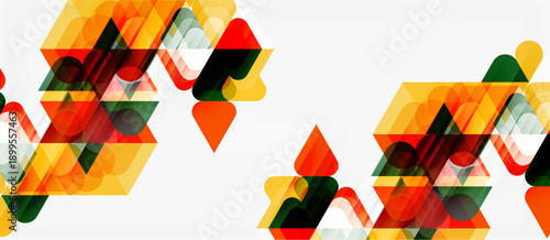 Abstract geometric shapes overlap, creating vibrant autumn color palette. Design features transparency, layering, modern aesthetic.