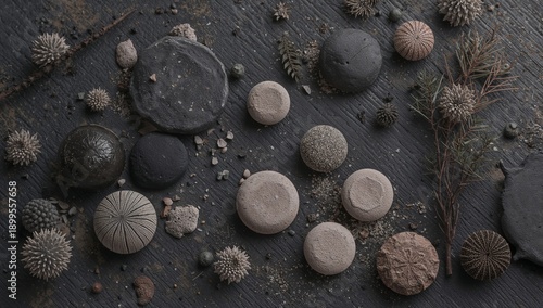 Natural Objects Arranged on a Dark Surface Showcasing Shapes and Textures Fro...