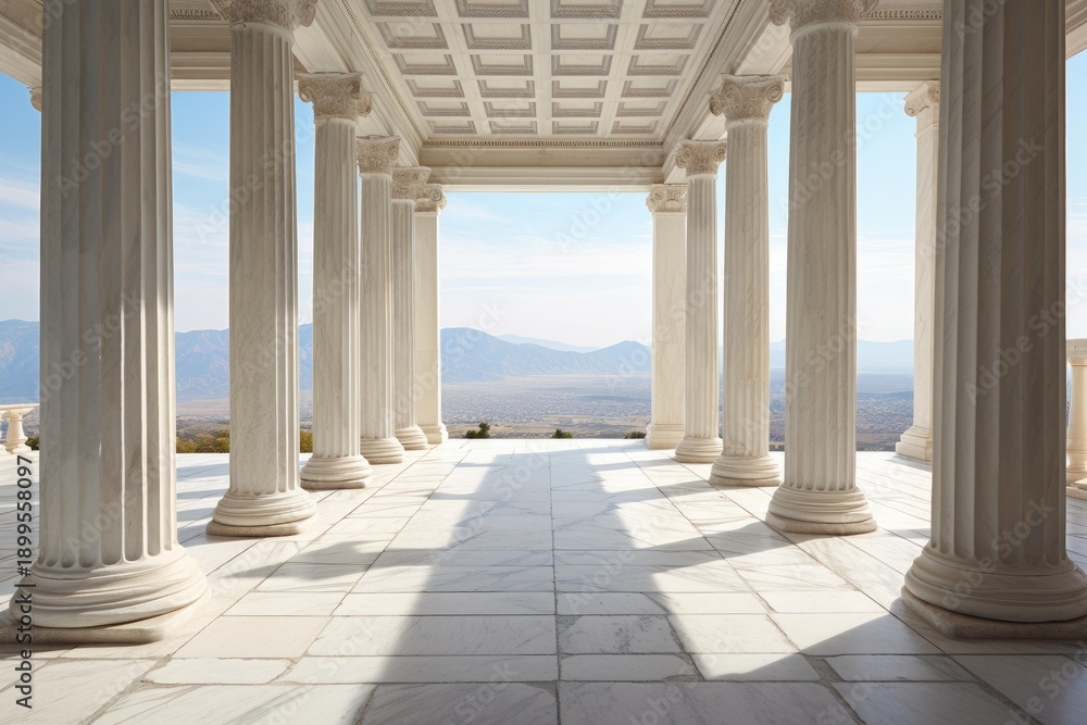 Obraz premium Marble columns frame a beautiful panoramic view of distant mountains under a clear sky