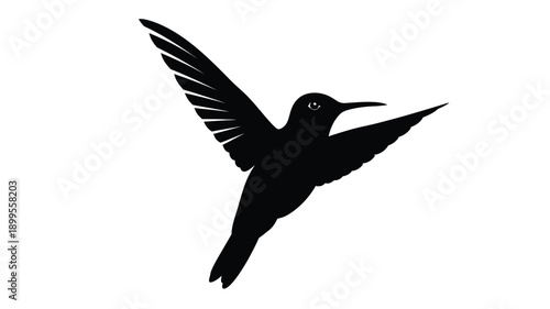 a detailed black hummingbird in flight beautifully rendered as a silhouette