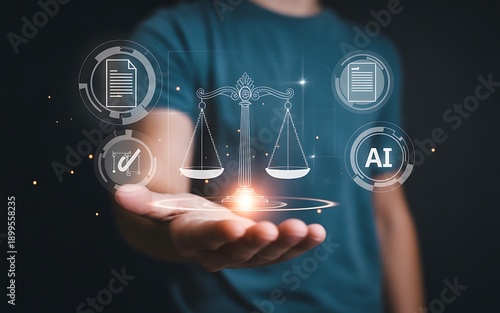 Hand with holographic scales of justice and AI icon representing legal technology