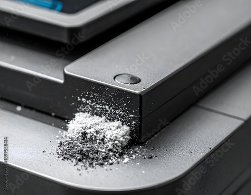 Close-up of electronic device with spilled powder and a dark button