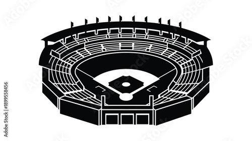 a striking black and white silhouette of a baseball stadium with a diamond