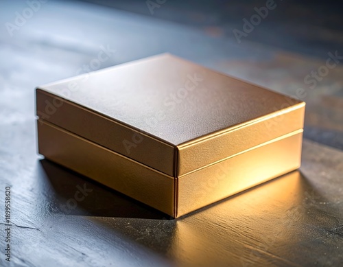 Close-up of a golden, rectangular box sitting on a wooden surface
