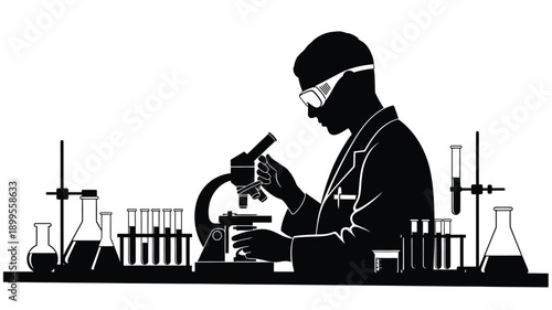 a scientist working with lab equipment flasks and microscopes silhouette