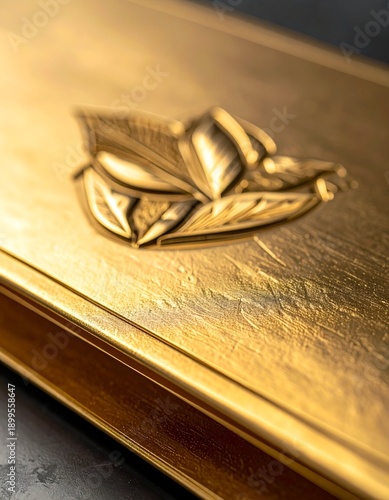 Close-up of a golden, textured box with an embossed floral design