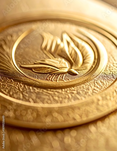Ornate golden medallion with a stylized bird design and embossed detailing