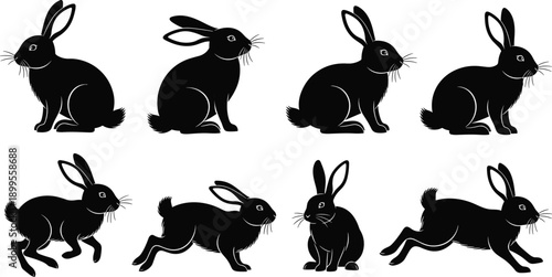 Black rabbit silhouettes collection showing sitting and running poses, cute wild bunny animals illustration set for nature themes, children design, Easter graphics, icons and vector artwork use