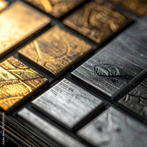 Close-up of square metal tiles showing varied textures and finishes
