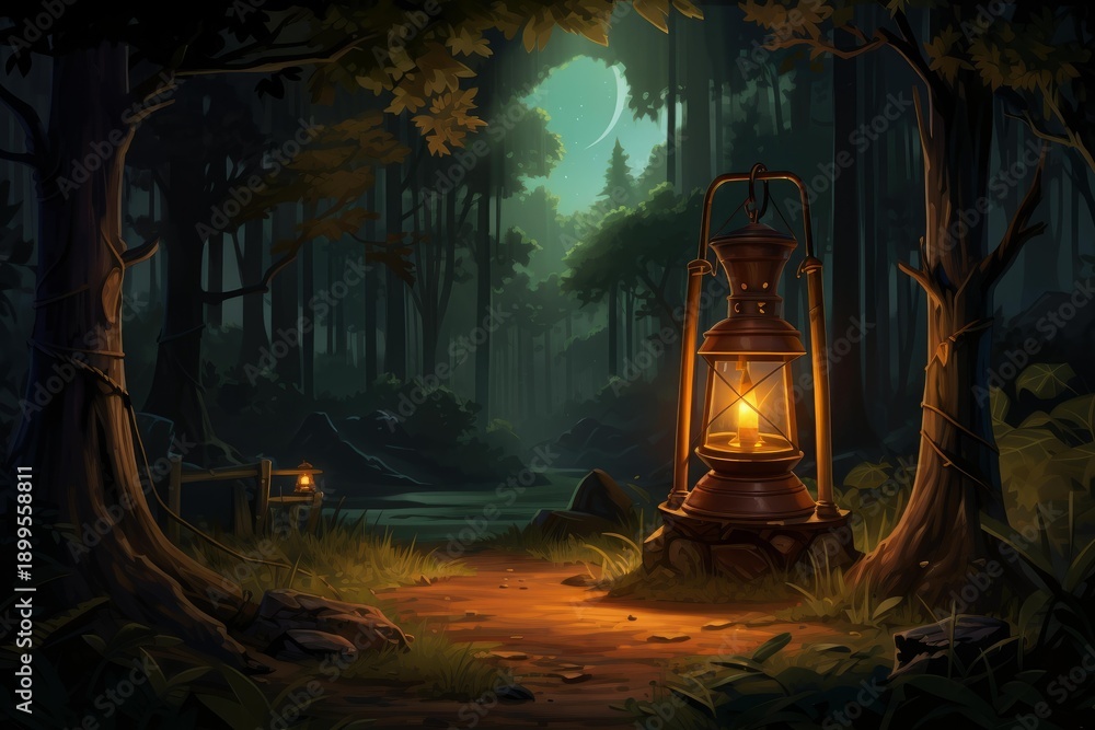 Fototapeta premium Glowing lantern illuminating a mysterious forest path under a crescent moon at night