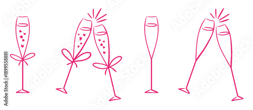 Champagne Glass Coquette Whimsical Drawing Doodles of Two Clicking or Cheers Glasses Isolated Vector Stemware Girly Pink Icons Set for Wedding or Birthday Party