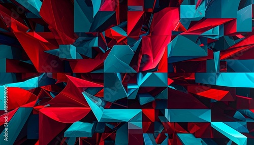 Abstract geometric artwork, vibrant red and teal polygon composition