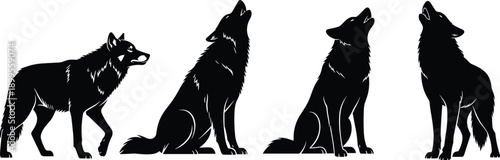 Black wolf silhouettes collection showing standing and howling poses, wild forest predator animals illustration set for wildlife themes, logos, nature design, icons and vector artwork use