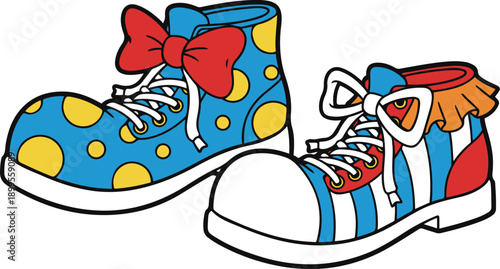 Vector illustration of a pair of colorful, mismatched clown shoes featuring a blue shoe with yellow polka dots and a red bow, and a striped shoe with laces in a cartoon style.
