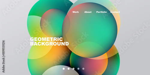 Abstract colorful shapes overlap, creating dynamic background. Text labels present work, about, portfolio, contact options. Gradient hues dominate design.