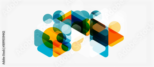 Abstract geometric shapes overlap, creating vibrant colorful composition. Modern design elements suggest innovation, technology.