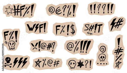 Scrapbook crayon swear words and curses set. Vector torn chalk scribble symbols with skull, stars, lightning. Curse, rude, swear word for angry, bad, negative expression with beige craft tear paper