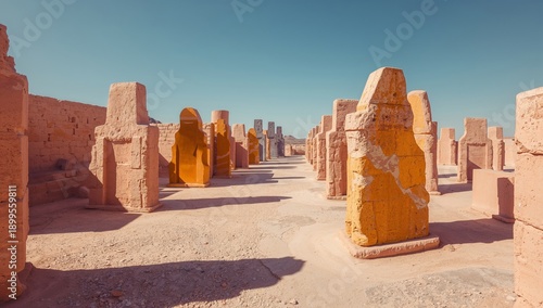 Ancient Ruins Stand Under the Clear Sky With Stone Structures Aligned in Rows...
