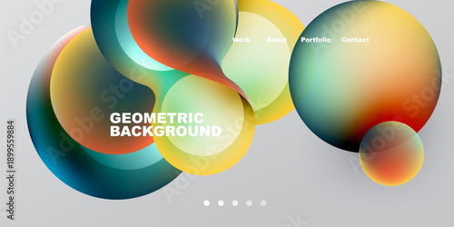 Abstract colorful shapes overlap, creating dynamic visual effect. Text elements present work, about, portfolio, contact options. Minimalist design.