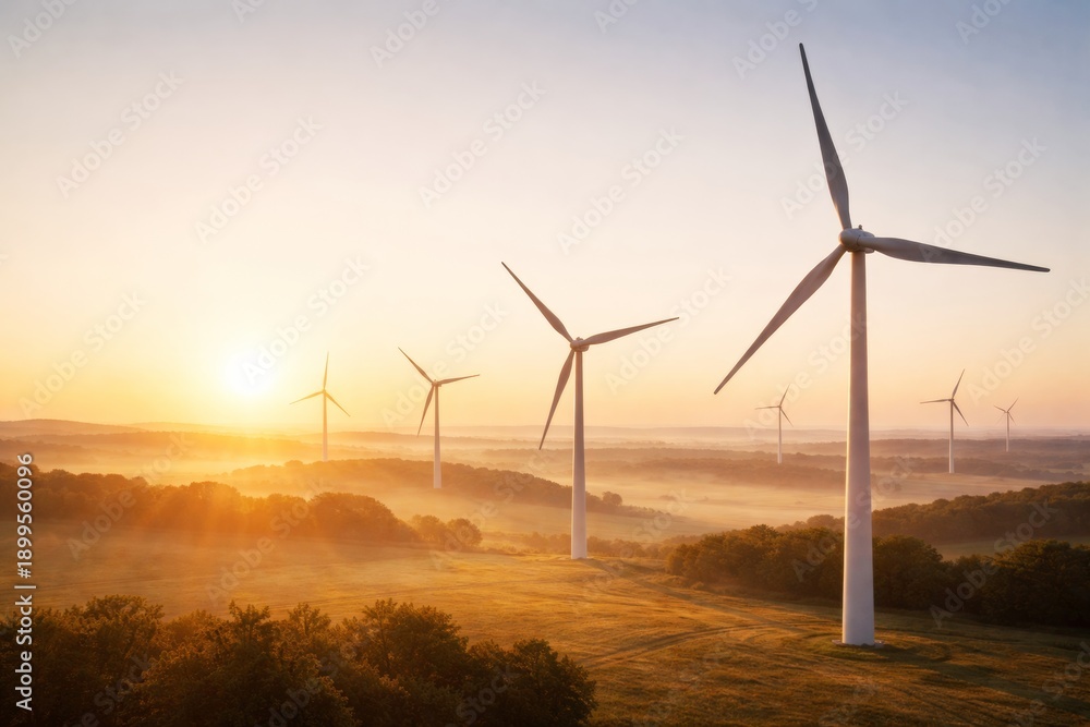 Obraz premium Wind turbines in a misty valley at sunrise, generating clean energy for a sustainable future