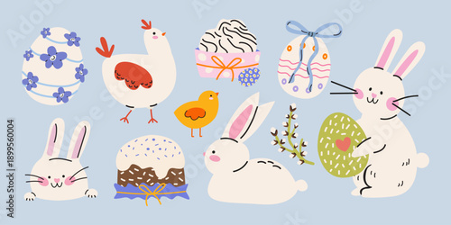 Cute Easter sticker set with cake, rabbits, chicken and festive decorated eggs in cartoon style. Whimsical Happy Easter elements collection for greeting cards, social media, banners, badges, labels