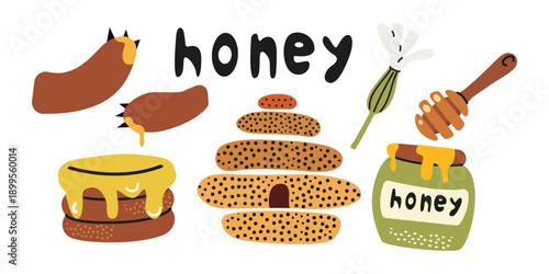 Honey elements in cartoon style. Honey apiary, beehive, flower, honey jars, pancakes. Organic natural sweet food. Vector illustration