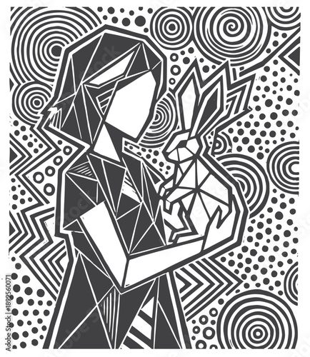 Bold black-and-white abstract artwork featuring a polygonal figure cradling a geometric rabbit. Dynamic spirals and dotted patterns create contrast, ideal for modern decor,