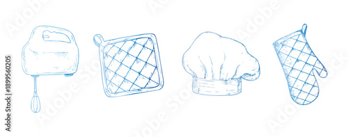 Vector set with hand mixer, pot holders, Chef hat, Glove potholder. Graphic ink Oven Mitt, kitchen tool illustration isolated on background. Hand drawn line sketch. For designers, prints, logo, icon