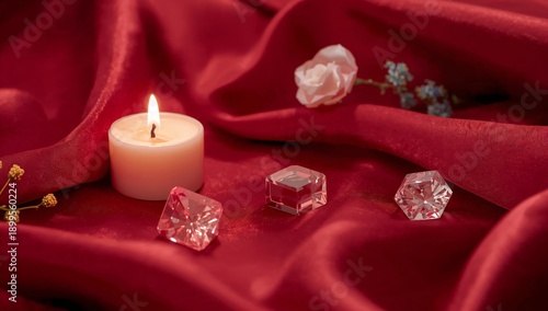 Candles and Crystals Placed on a Red Fabric With Rose and Small Flowers for D...