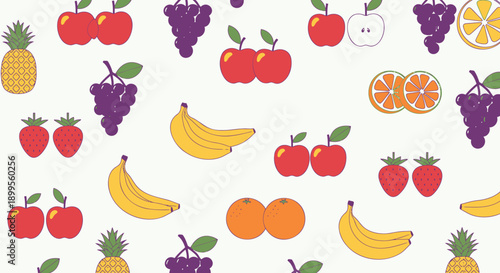 Vibrant fruit pattern with apples bananas grapes oranges pineapples and strawberries on white background