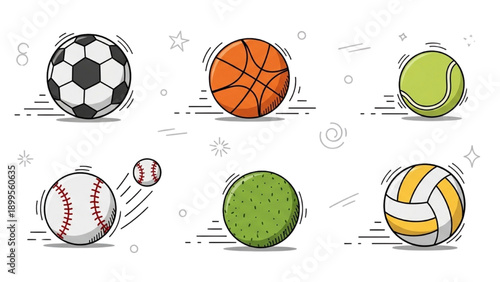 Collection of various sports balls in motion, showcasing different games and activities in a dynamic illustration