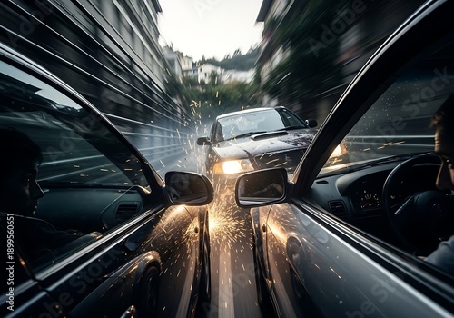 Two cars nearly crashing with motion blur