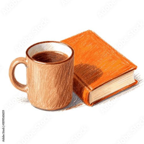 Crayon drawing of brown ceramic coffee mug filled with dark coffee, placed beside a closed orange book vector, svg