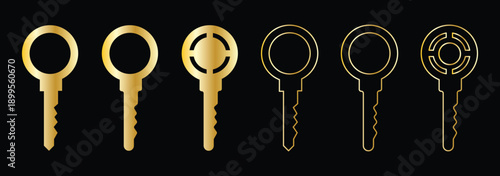 Classic Door Key Icons Outline and Solid Vector Style. Luxury Gold Key Icons Minimal Outline and Filled. Single key icon image vector illustration design. Metallic Key Icons. Chrome silver Key set