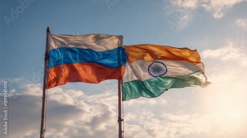 russian and indian flag waving together in blue sky. relations between russia and india