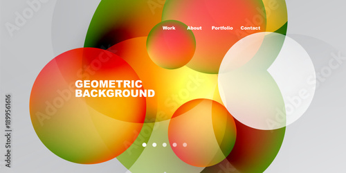 Abstract colorful circles overlap. Gradient hues create dynamic visual effect. Text elements present portfolio information. Modern design.