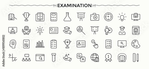 Exam icon set. Question line icon set. Modern thin line style icons. Contain linear sign test, assessment, education, result, questionnaire, study and more. Signs for web and mobile app.