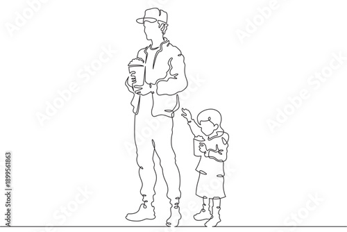Continuous single line drawing family eats on the street. People eat fast food. Weekend.Parents.Offspring.Linear.One continuous line isolated minimalist illustration. Not AI.