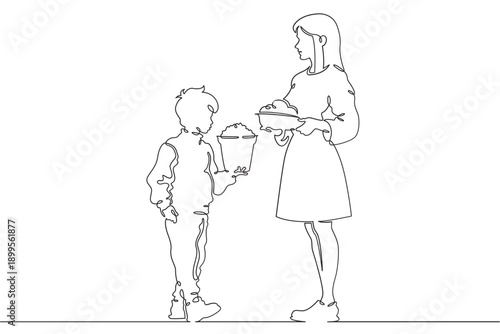 Continuous single line drawing family eats on the street. People eat fast food. Weekend.Parents.Offspring.Linear.One continuous line isolated minimalist illustration. Not AI.