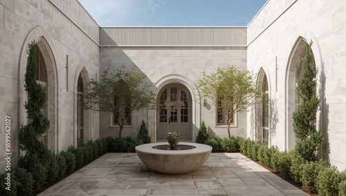 Green Garden With Stone Pathway and Round Window in a Modern Building Courtyard