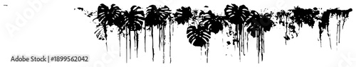 Tropical monstera leaves border with dripping black grunge ink effects
