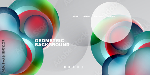 Abstract circles overlap, creating vibrant color gradients. Minimalist design features navigation options, simple dots below. Modern aesthetic.