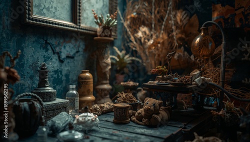 Display of Objects and Decorations on a Wooden Table in a Room With Dark Wall...