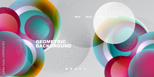 Abstract circles, vibrant colors, modern design. Gradient shapes overlap creating dynamic composition. Minimalist text elements present portfolio options.