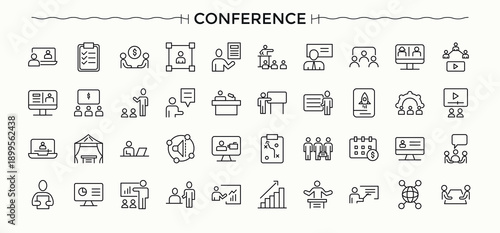 Set of Conference line icon. Meet icons for ui designs. Minimal icons set. Meeting line icon set. Editable vector art and illustration.